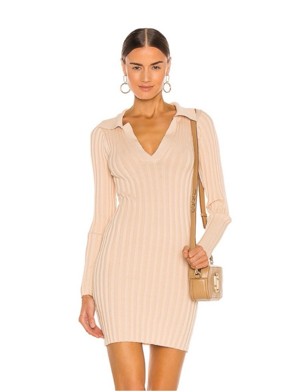 Tularosa Beige Ribbed V-Neck Long Sleeve Bodycon Dress